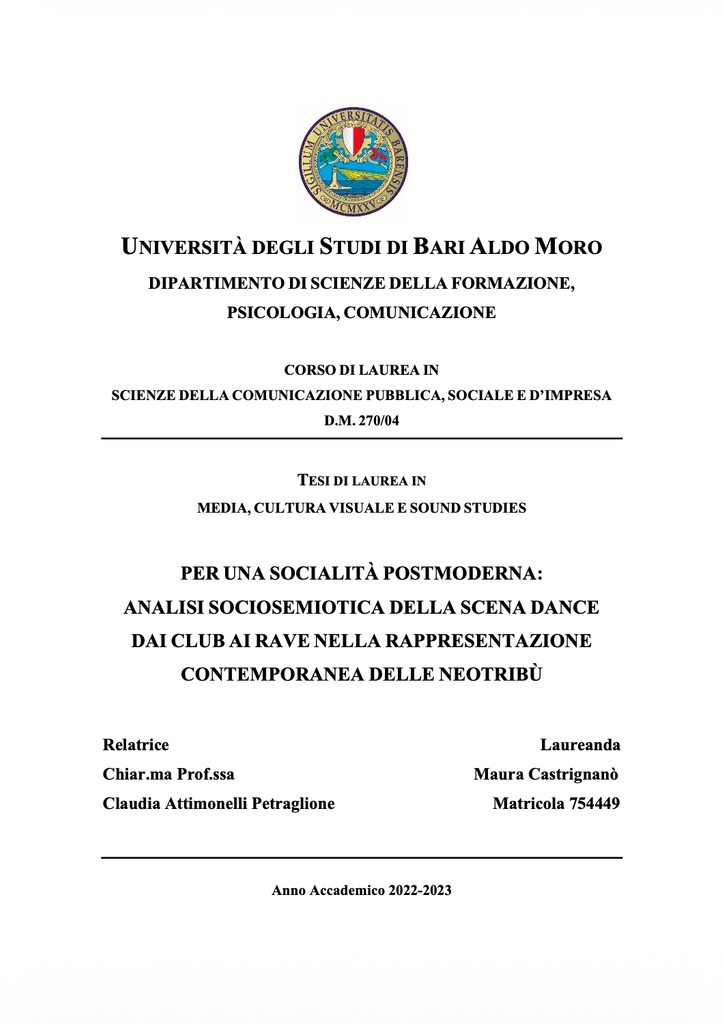 Copertina della tesi magistrale di Maura Castrignanò sulla scena dance, club culture, rave e neotribù contemporanee
